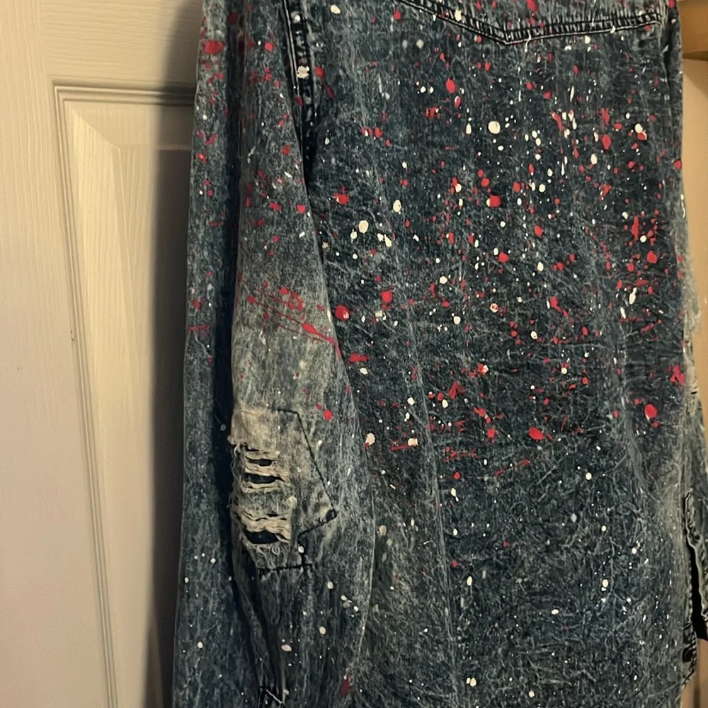 Carbon Distressed Blue Denim Mens Long Sleeve Button Down Paint Splatter Shirt